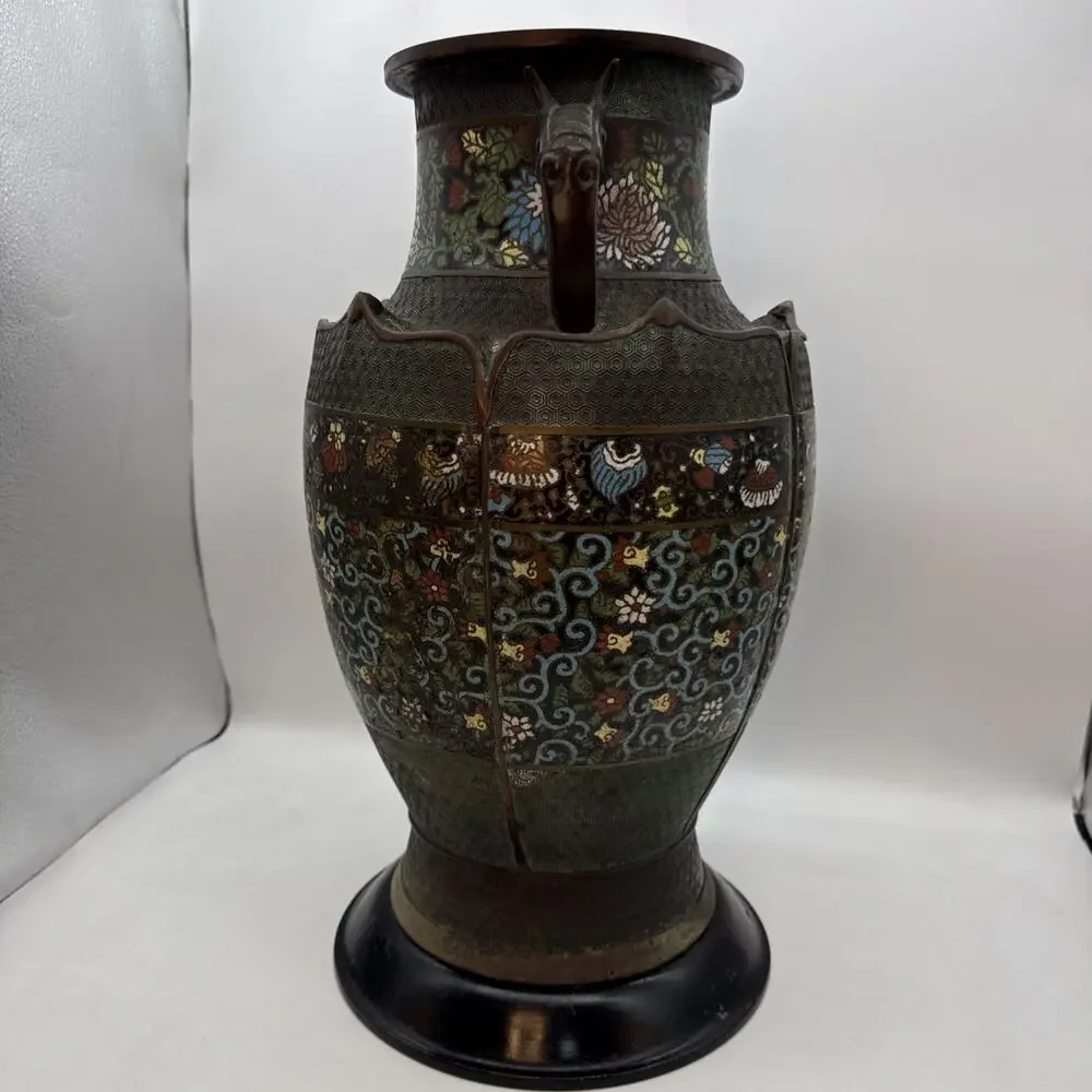 17.5” Antique Japanese Bronze Champleve Cloisonné Enamel Vase Dragon Handles ⬇️